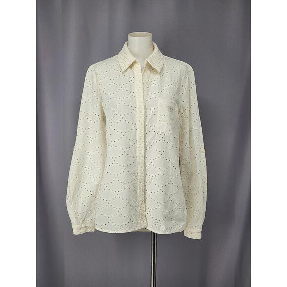 Diane Von Furstenberg Shirt Womens 8 White Lorelei Two Eyelet Cotton Top Coastal - Picture 1 of 16
